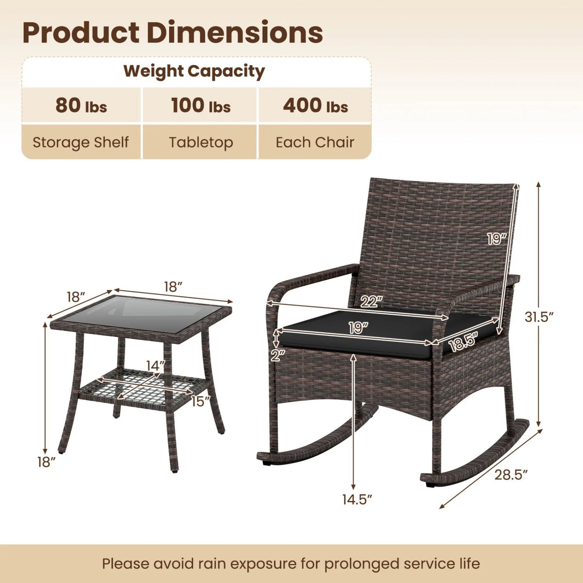 3 Pieces PE Wicker Rocking Bistro Set with 2-Tier Side Table Cushions and Ergonomic Armchairs for Porch-Black view 5