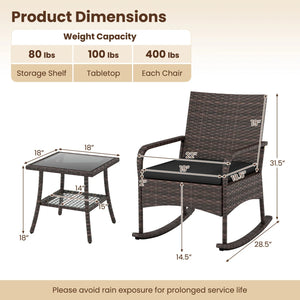 3 Pieces PE Wicker Rocking Bistro Set with 2-Tier Side Table Cushions and Ergonomic Armchairs for Porch-Black view 5
