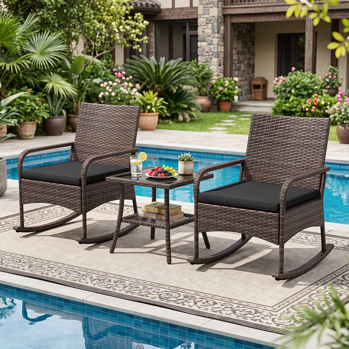3 Pieces PE Wicker Rocking Bistro Set with 2-Tier Side Table Cushions and Ergonomic Armchairs for Porch-Black view 6