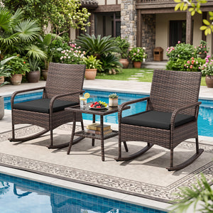3 Pieces PE Wicker Rocking Bistro Set with 2-Tier Side Table Cushions and Ergonomic Armchairs for Porch-Black view 6
