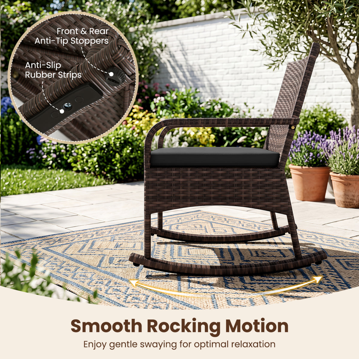3 Pieces PE Wicker Rocking Bistro Set with 2-Tier Side Table Cushions and Ergonomic Armchairs for Porch-Black view 7