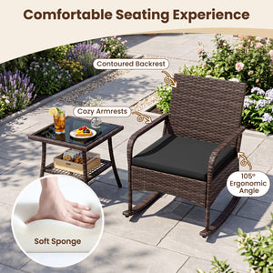 3 Pieces PE Wicker Rocking Bistro Set with 2-Tier Side Table Cushions and Ergonomic Armchairs for Porch-Black view 9