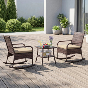 3 Pieces PE Wicker Rocking Bistro Set with 2-Tier Side Table Cushions and Ergonomic Armchairs for Porch-Brown view 3