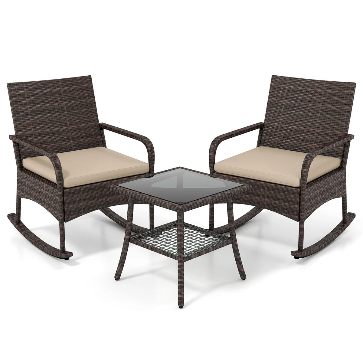 3 Pieces PE Wicker Rocking Bistro Set with 2-Tier Side Table Cushions and Ergonomic Armchairs for Porch-Brown view 4
