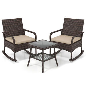 3 Pieces PE Wicker Rocking Bistro Set with 2-Tier Side Table Cushions and Ergonomic Armchairs for Porch-Brown view 4