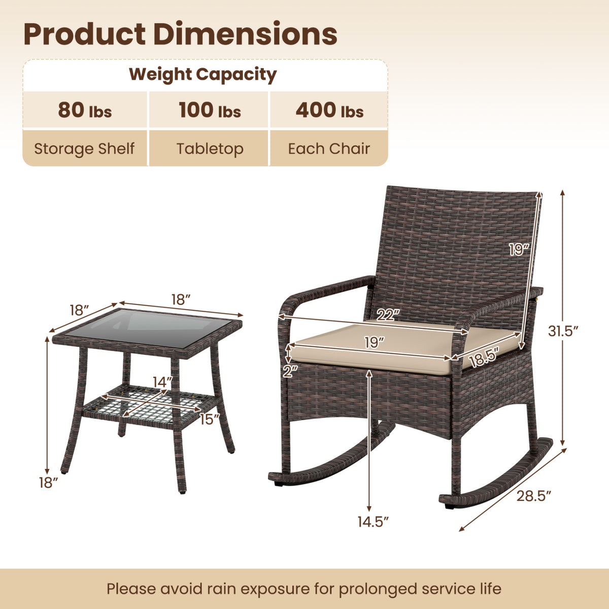 3 Pieces PE Wicker Rocking Bistro Set with 2-Tier Side Table Cushions and Ergonomic Armchairs for Porch-Brown view 5
