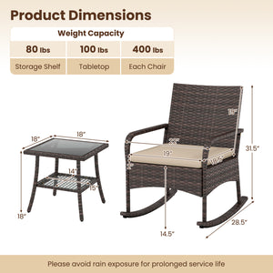 3 Pieces PE Wicker Rocking Bistro Set with 2-Tier Side Table Cushions and Ergonomic Armchairs for Porch-Brown view 5