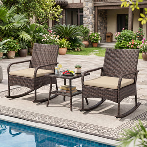 3 Pieces PE Wicker Rocking Bistro Set with 2-Tier Side Table Cushions and Ergonomic Armchairs for Porch-Brown view 6