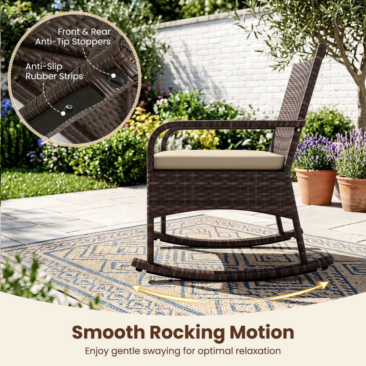 3 Pieces PE Wicker Rocking Bistro Set with 2-Tier Side Table Cushions and Ergonomic Armchairs for Porch-Brown view 7
