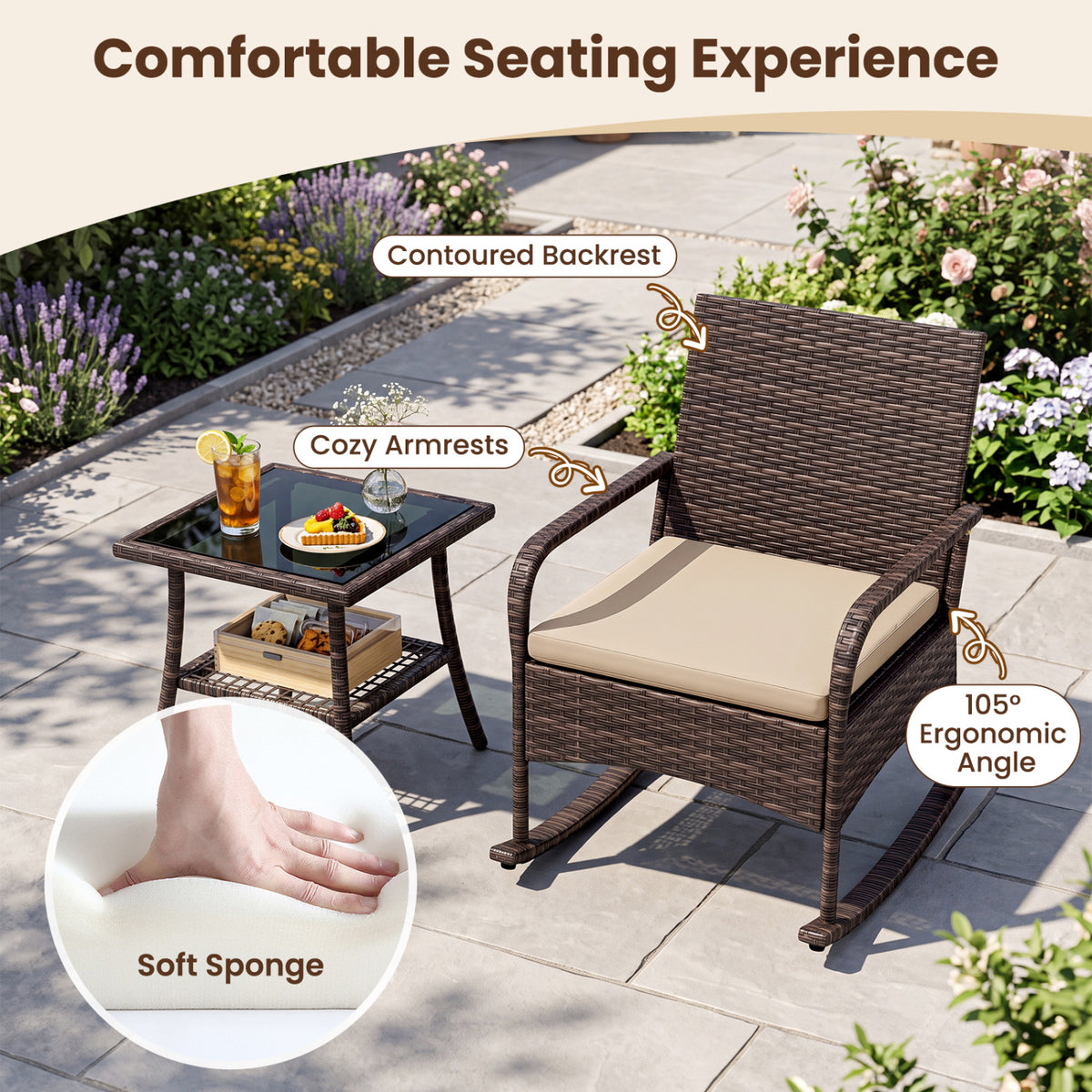 3 Pieces PE Wicker Rocking Bistro Set with 2-Tier Side Table Cushions and Ergonomic Armchairs for Porch-Brown view 9