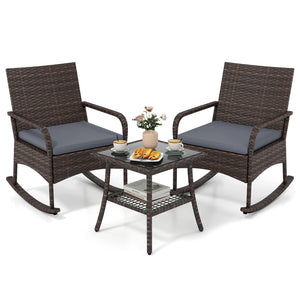 3 Pieces PE Wicker Rocking Bistro Set with 2-Tier Side Table Cushions and Ergonomic Armchairs for Porch-Gray