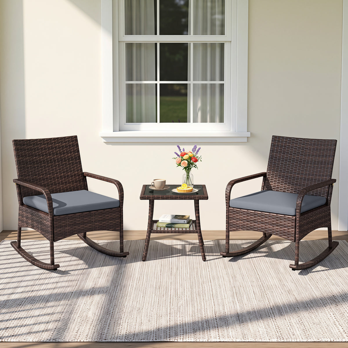 3 Pieces PE Wicker Rocking Bistro Set with 2-Tier Side Table Cushions and Ergonomic Armchairs for Porch-Gray view 2