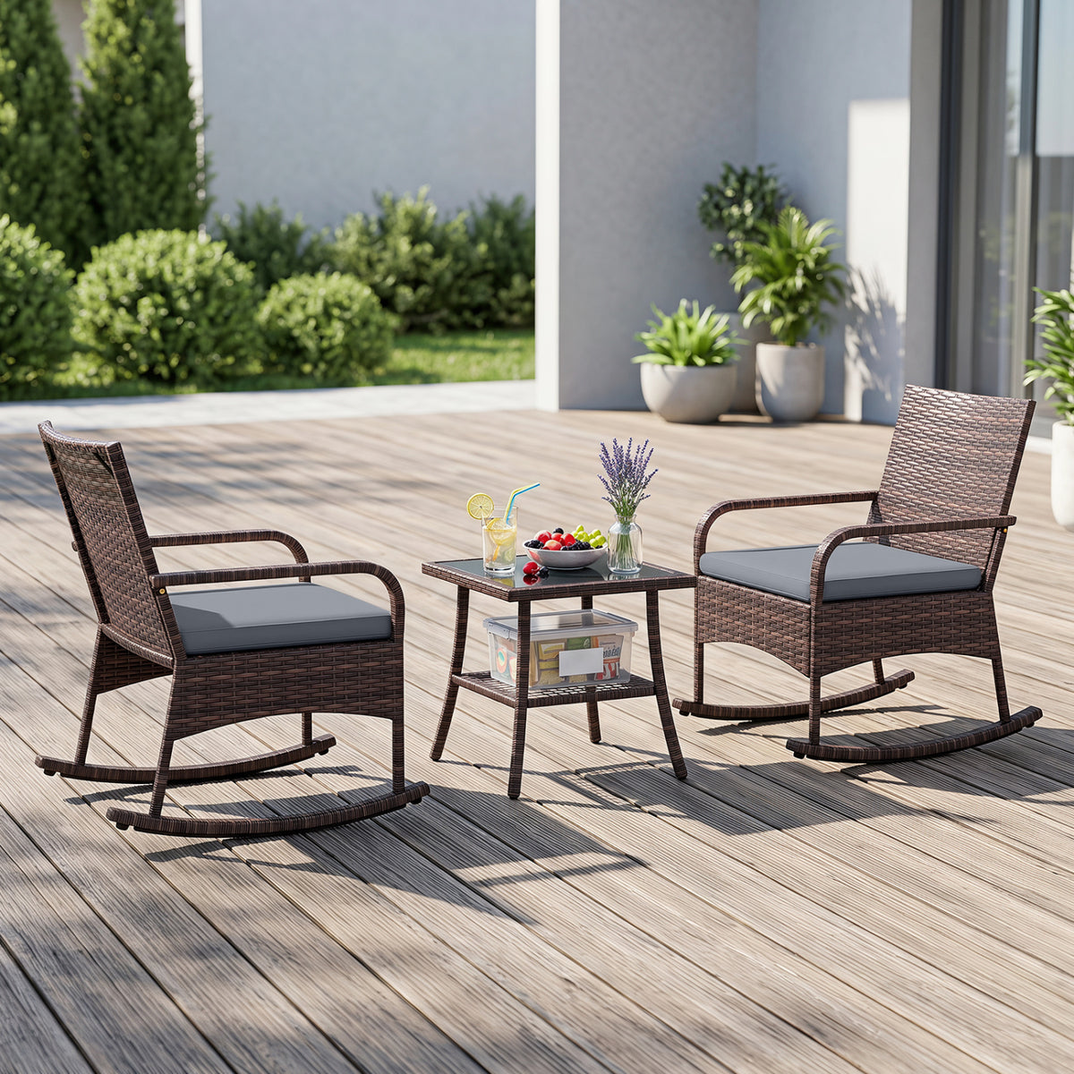 3 Pieces PE Wicker Rocking Bistro Set with 2-Tier Side Table Cushions and Ergonomic Armchairs for Porch-Gray view 3