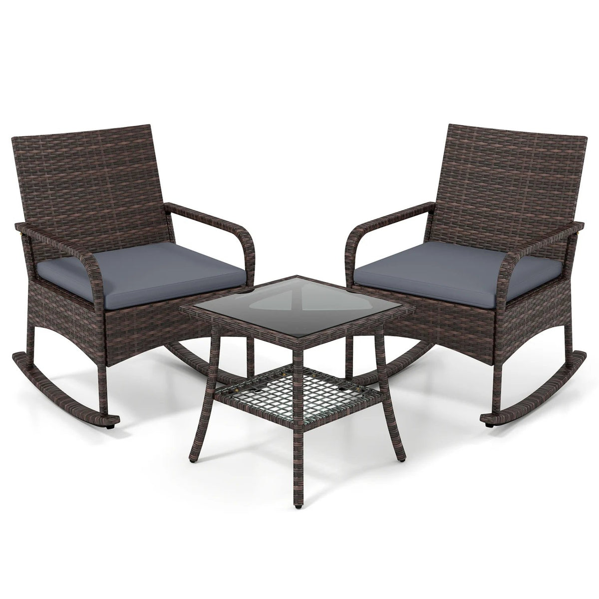 3 Pieces PE Wicker Rocking Bistro Set with 2-Tier Side Table Cushions and Ergonomic Armchairs for Porch-Gray view 4