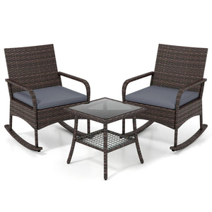 3 Pieces PE Wicker Rocking Bistro Set with 2-Tier Side Table Cushions and Ergonomic Armchairs for Porch-Gray view 4