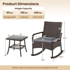 3 Pieces PE Wicker Rocking Bistro Set with 2-Tier Side Table Cushions and Ergonomic Armchairs for Porch-Gray view 5