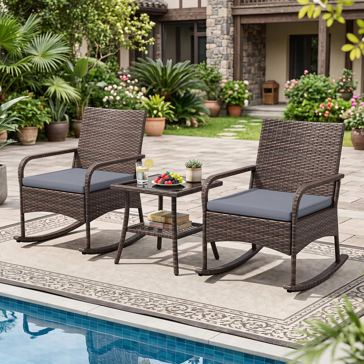 3 Pieces PE Wicker Rocking Bistro Set with 2-Tier Side Table Cushions and Ergonomic Armchairs for Porch-Gray view 6