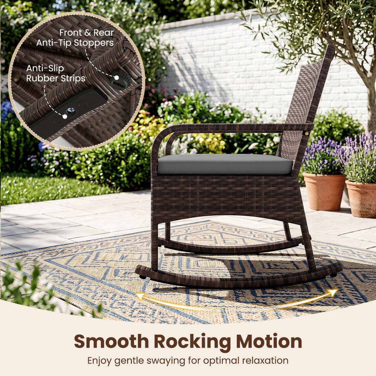 3 Pieces PE Wicker Rocking Bistro Set with 2-Tier Side Table Cushions and Ergonomic Armchairs for Porch-Gray view 7