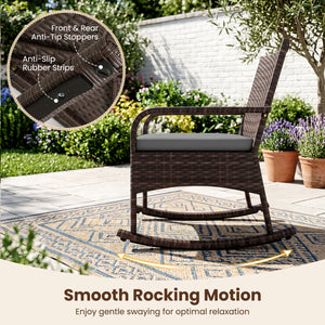 3 Pieces PE Wicker Rocking Bistro Set with 2-Tier Side Table Cushions and Ergonomic Armchairs for Porch-Gray view 7