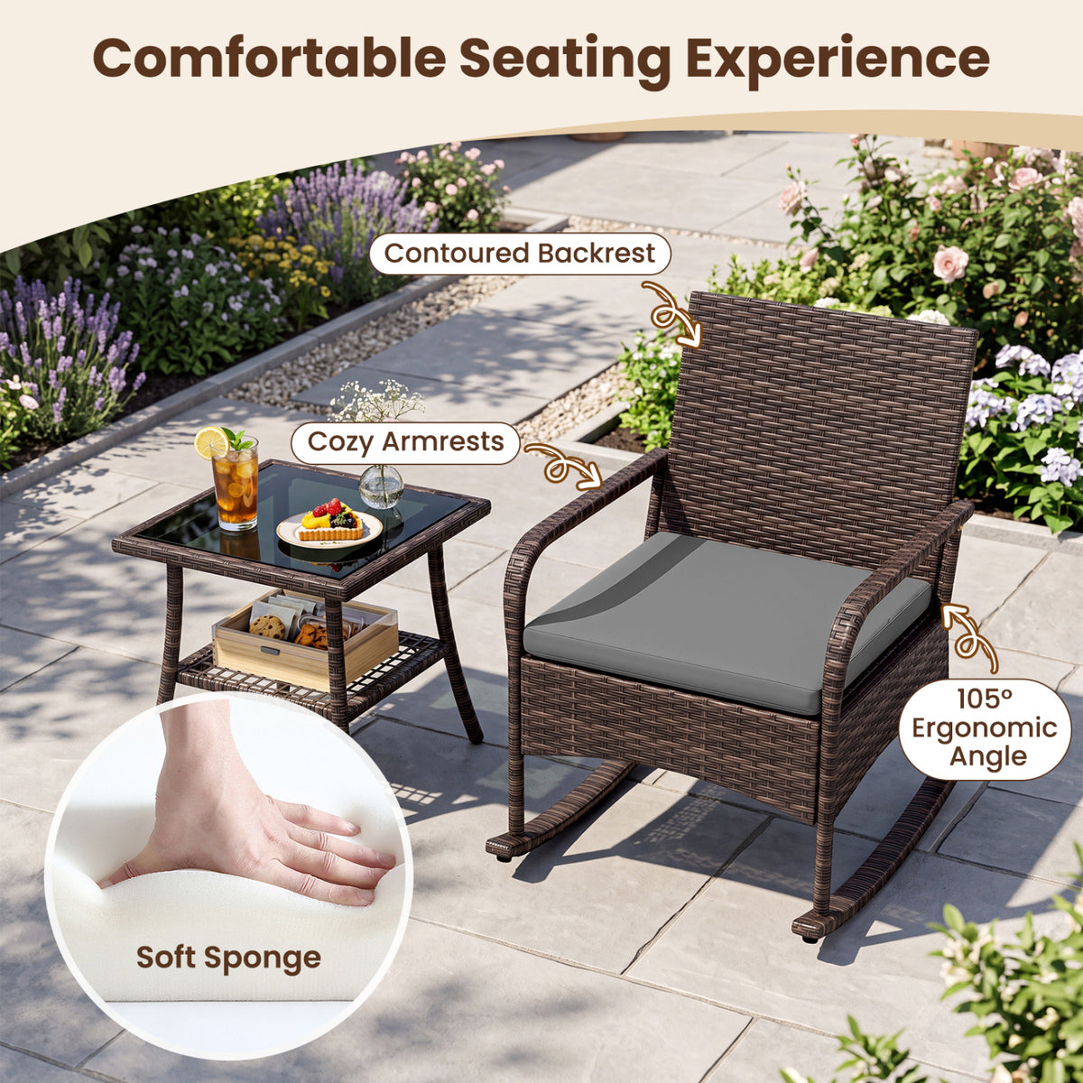 3 Pieces PE Wicker Rocking Bistro Set with 2-Tier Side Table Cushions and Ergonomic Armchairs for Porch-Gray view 9