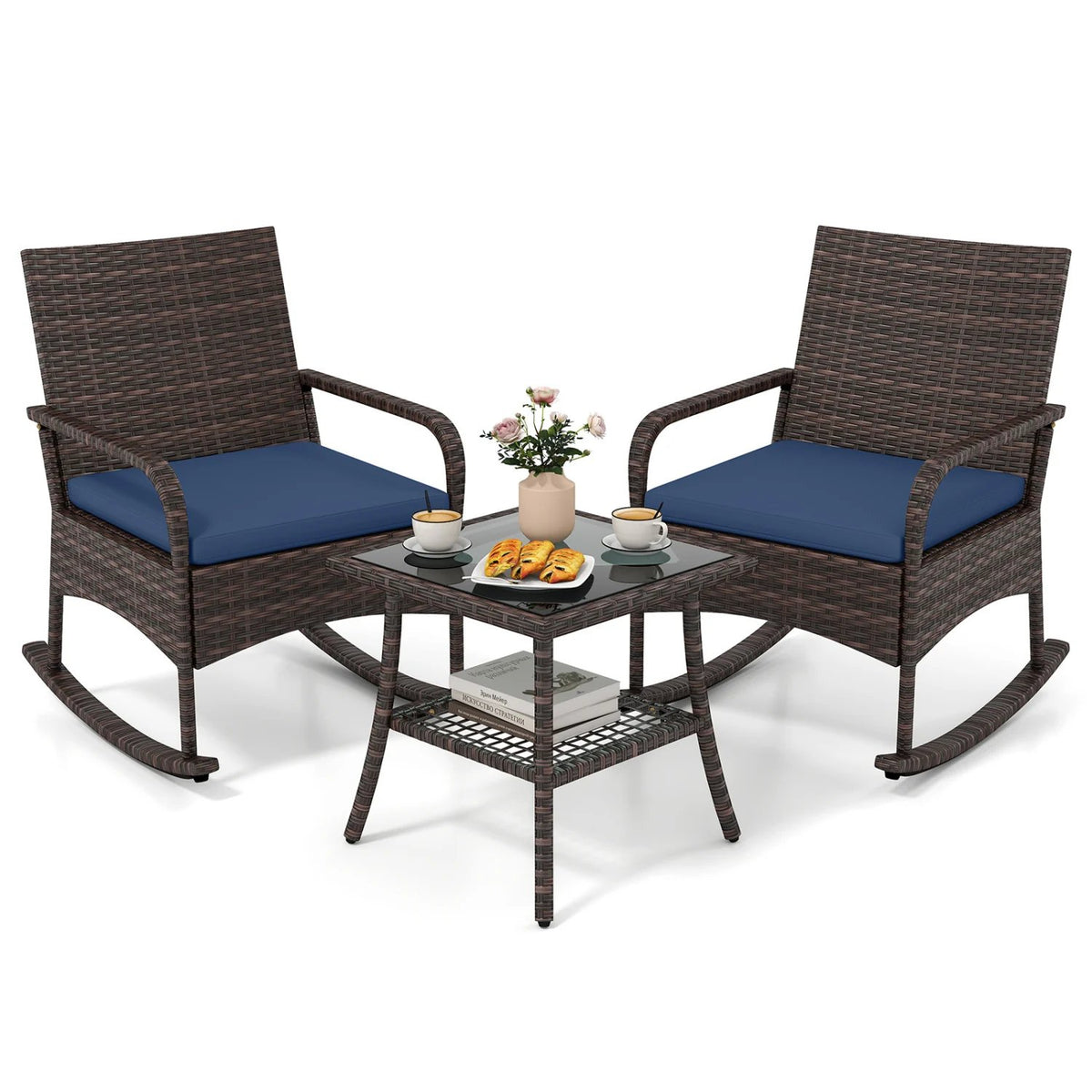 3 Pieces PE Wicker Rocking Bistro Set with 2-Tier Side Table Cushions and Ergonomic Armchairs for Porch-Navy