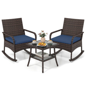 3 Pieces PE Wicker Rocking Bistro Set with 2-Tier Side Table Cushions and Ergonomic Armchairs for Porch-Navy