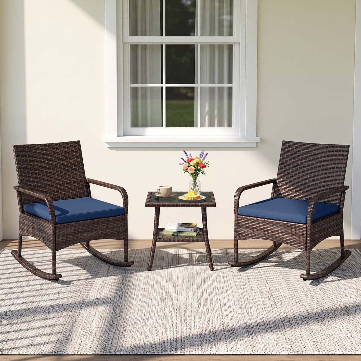 3 Pieces PE Wicker Rocking Bistro Set with 2-Tier Side Table Cushions and Ergonomic Armchairs for Porch-Navy view 2