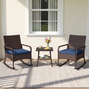 3 Pieces PE Wicker Rocking Bistro Set with 2-Tier Side Table Cushions and Ergonomic Armchairs for Porch-Navy view 2