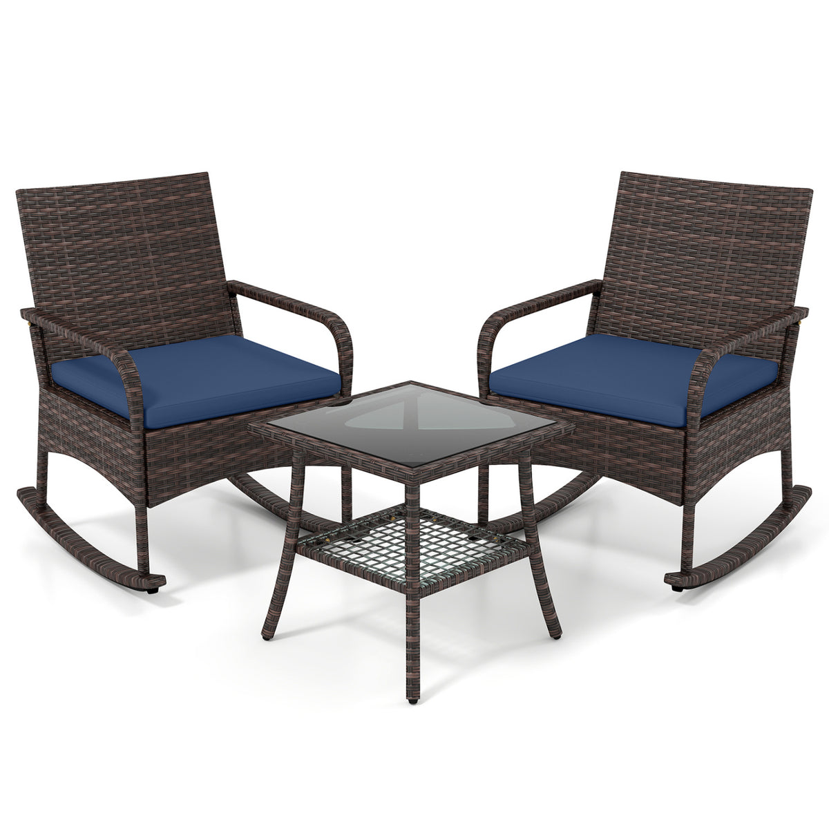 3 Pieces PE Wicker Rocking Bistro Set with 2-Tier Side Table Cushions and Ergonomic Armchairs for Porch-Navy view 4