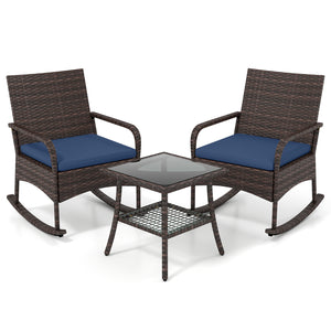 3 Pieces PE Wicker Rocking Bistro Set with 2-Tier Side Table Cushions and Ergonomic Armchairs for Porch-Navy view 4