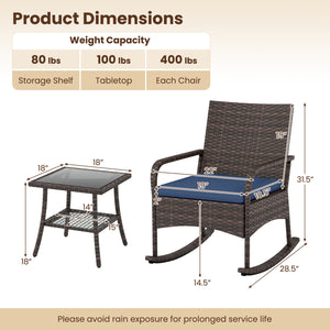 3 Pieces PE Wicker Rocking Bistro Set with 2-Tier Side Table Cushions and Ergonomic Armchairs for Porch-Navy view 5
