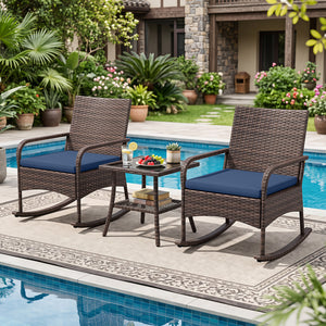 3 Pieces PE Wicker Rocking Bistro Set with 2-Tier Side Table Cushions and Ergonomic Armchairs for Porch-Navy view 6