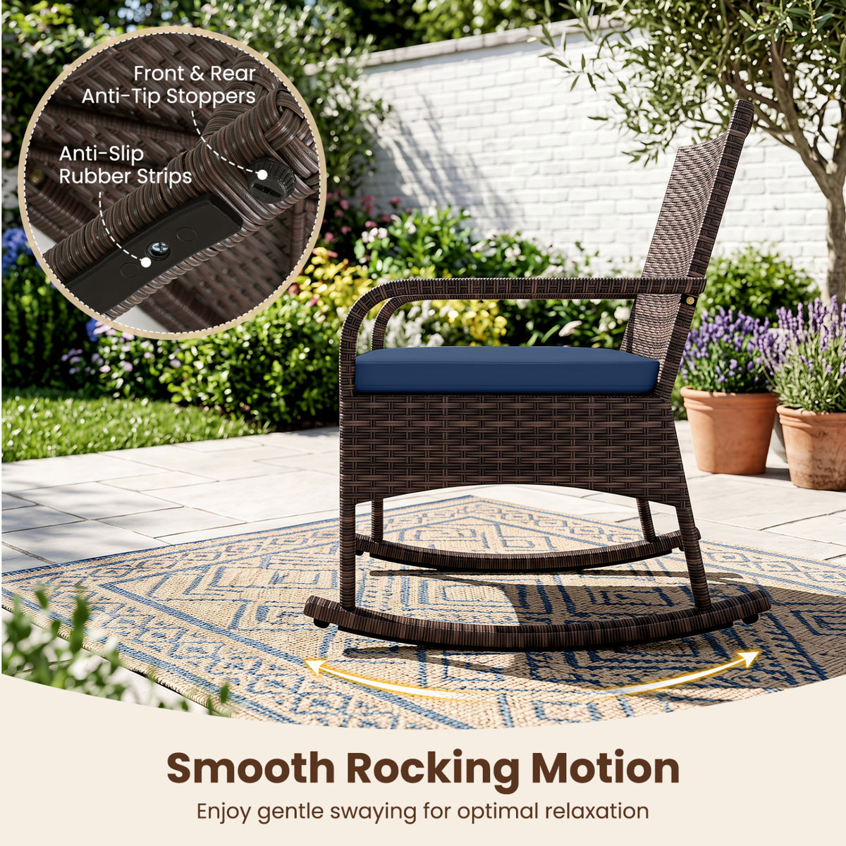 3 Pieces PE Wicker Rocking Bistro Set with 2-Tier Side Table Cushions and Ergonomic Armchairs for Porch-Navy view 7