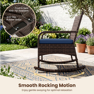 3 Pieces PE Wicker Rocking Bistro Set with 2-Tier Side Table Cushions and Ergonomic Armchairs for Porch-Navy view 7