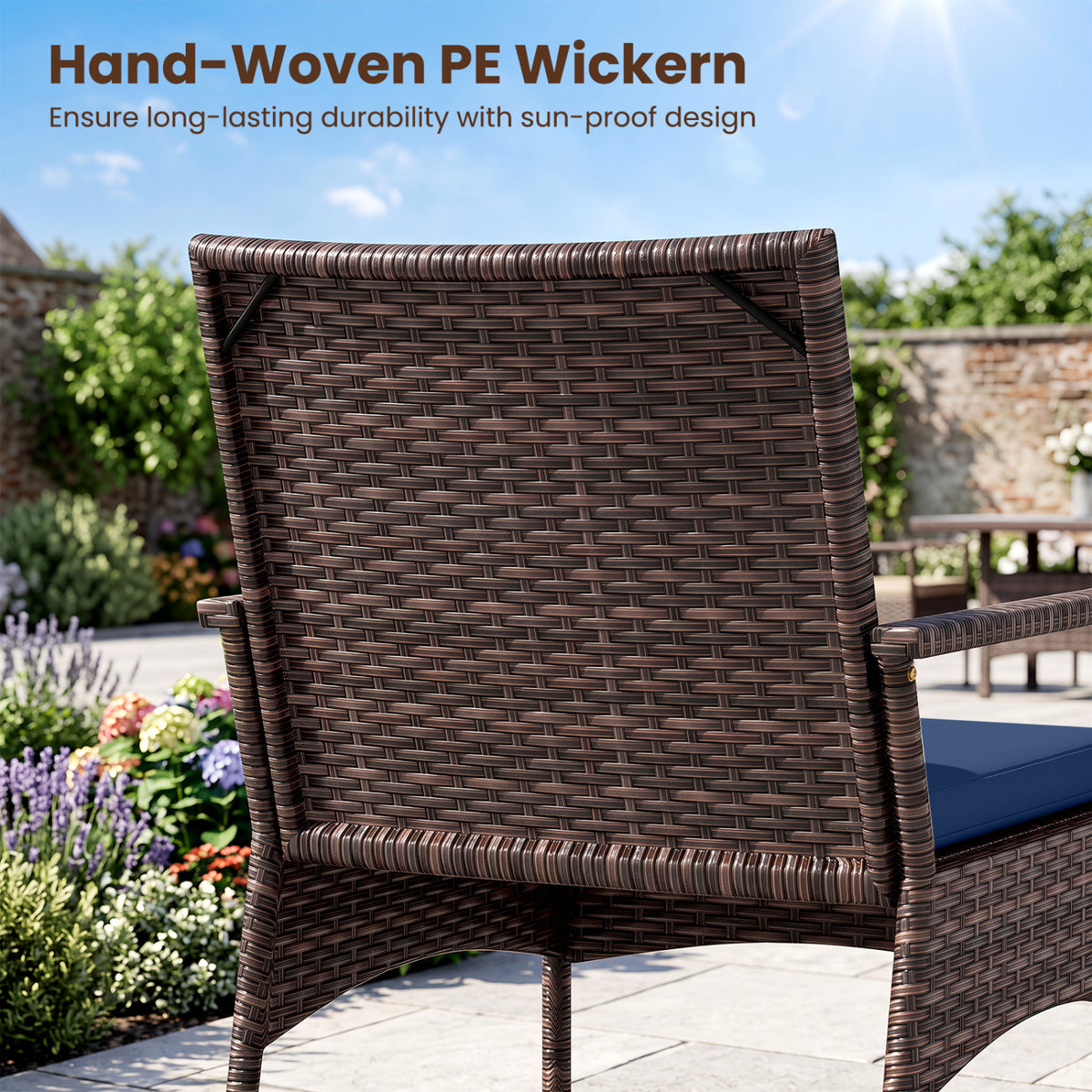 3 Pieces PE Wicker Rocking Bistro Set with 2-Tier Side Table Cushions and Ergonomic Armchairs for Porch-Navy view 8