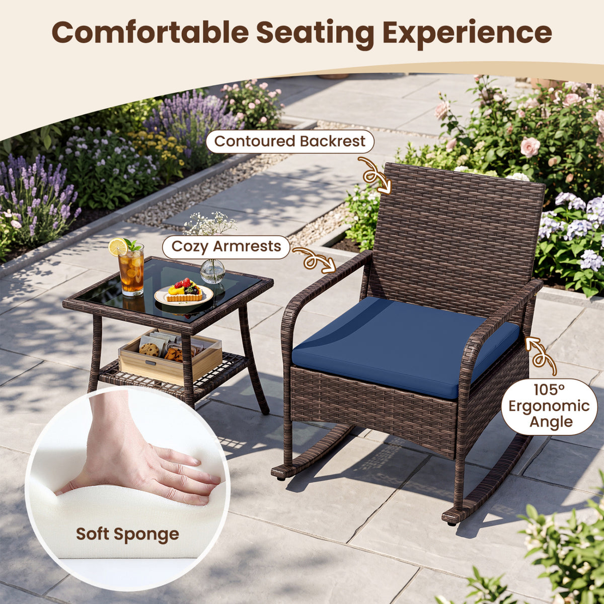 3 Pieces PE Wicker Rocking Bistro Set with 2-Tier Side Table Cushions and Ergonomic Armchairs for Porch-Navy view 9