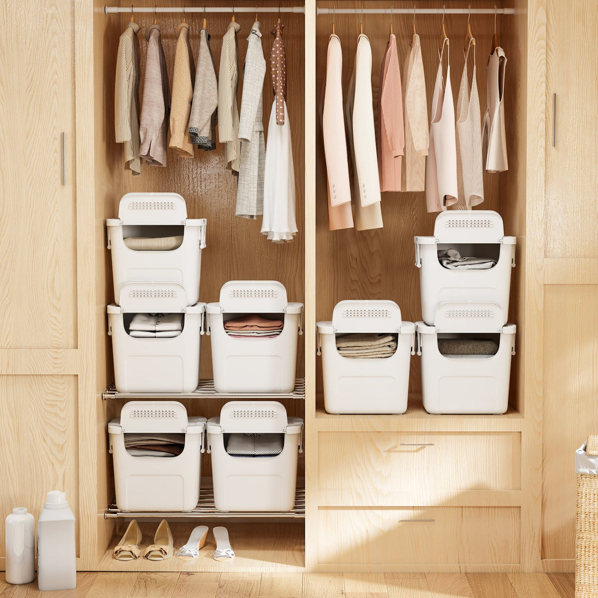 3 Pieces Plastic Storage Bins Stackable with Front Door and Side Handles-White view 3