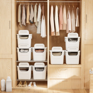 3 Pieces Plastic Storage Bins Stackable with Front Door and Side Handles-White view 3