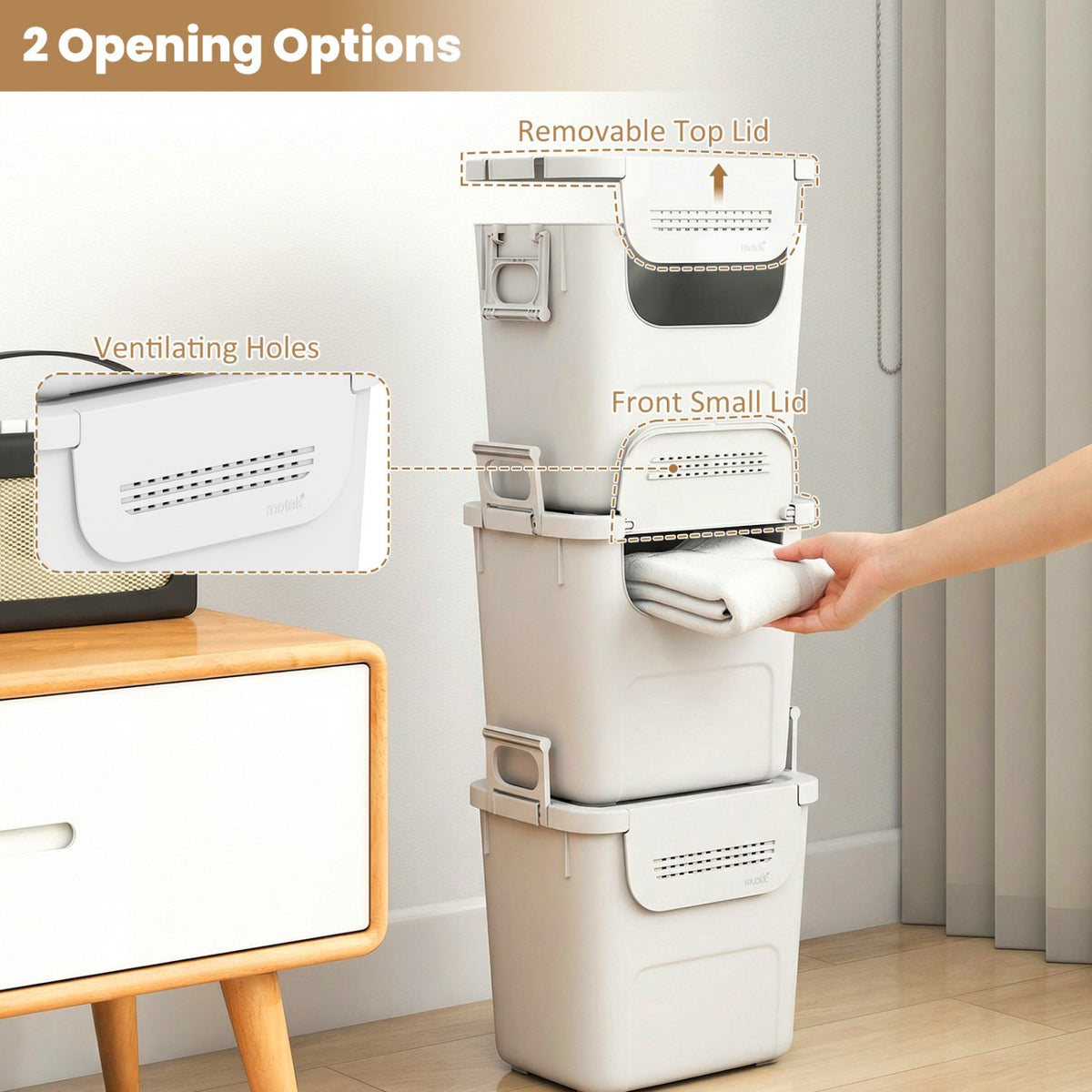3 Pieces Plastic Storage Bins Stackable with Front Door and Side Handles-White view 6