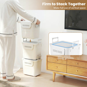 3 Pieces Plastic Storage Bins Stackable with Front Door and Side Handles-White view 7