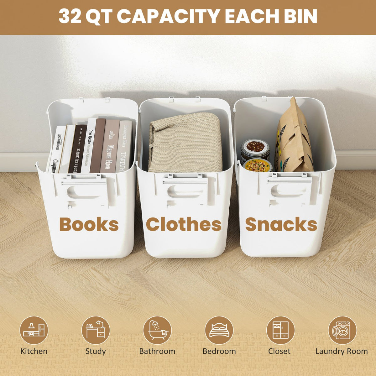 3 Pieces Plastic Storage Bins Stackable with Front Door and Side Handles-White view 9