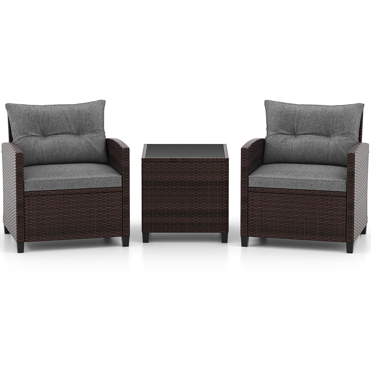 3 Pieces Rattan Patio Furniture Set with Washable Cushion-Gray