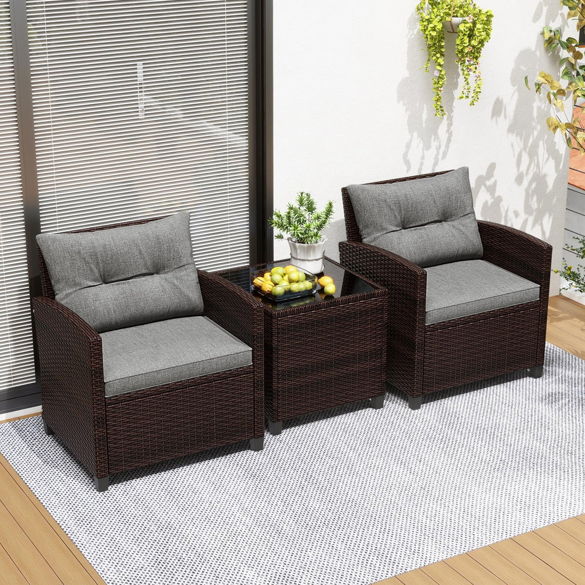 3 Pieces Rattan Patio Furniture Set with Washable Cushion-Gray view 2