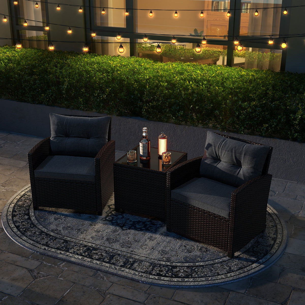 3 Pieces Rattan Patio Furniture Set with Washable Cushion-Gray view 3
