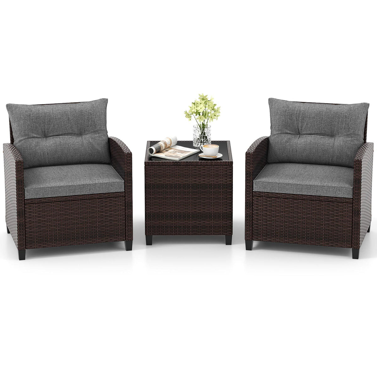 3 Pieces Rattan Patio Furniture Set with Washable Cushion-Gray view 4