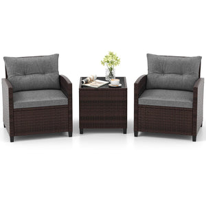 3 Pieces Rattan Patio Furniture Set with Washable Cushion-Gray view 4