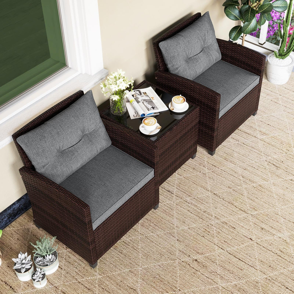 3 Pieces Rattan Patio Furniture Set with Washable Cushion-Gray view 6