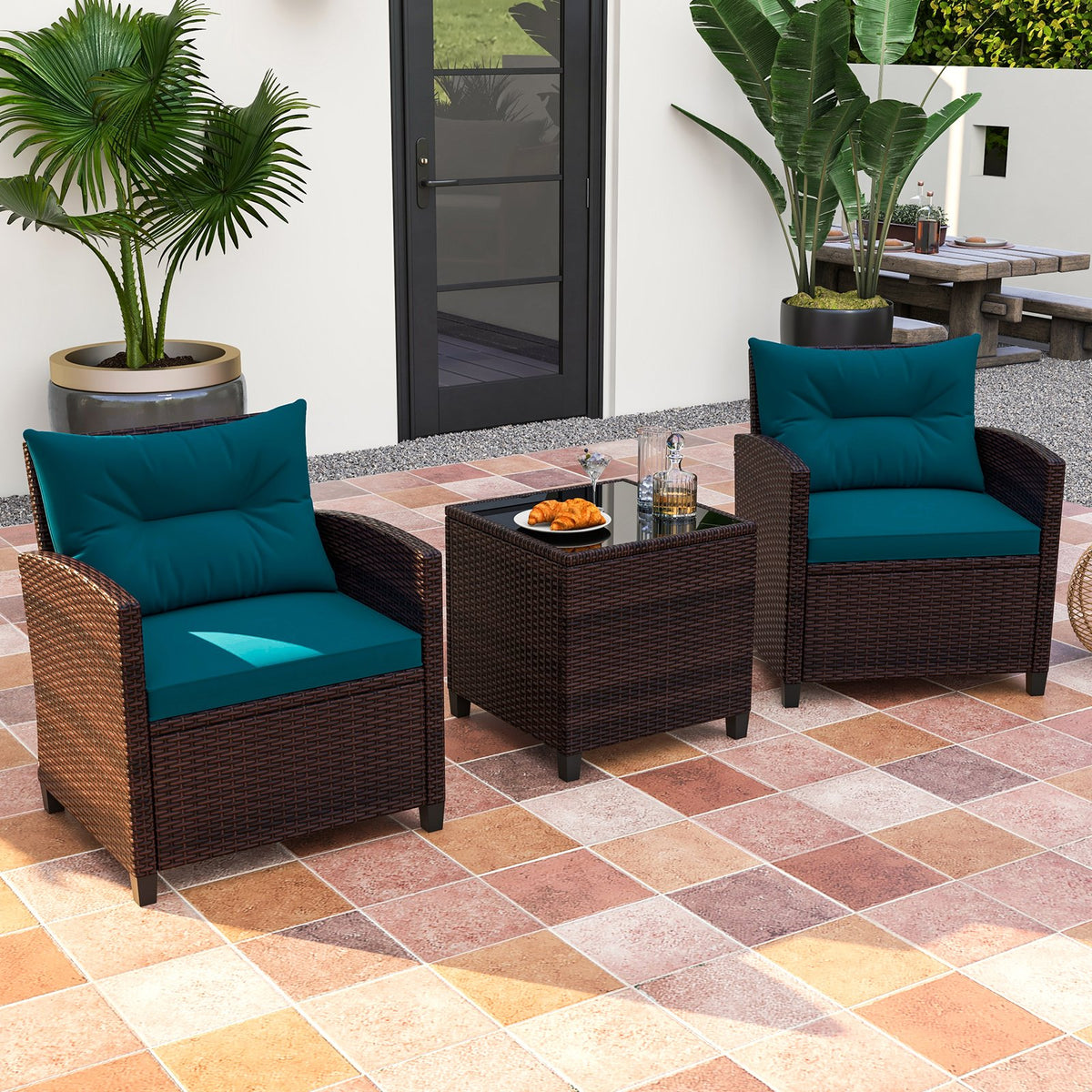 3 Pieces Rattan Patio Furniture Set with Washable Cushion-Peacock Blue view 2