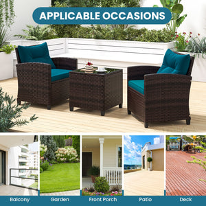 3 Pieces Rattan Patio Furniture Set with Washable Cushion-Peacock Blue view 3