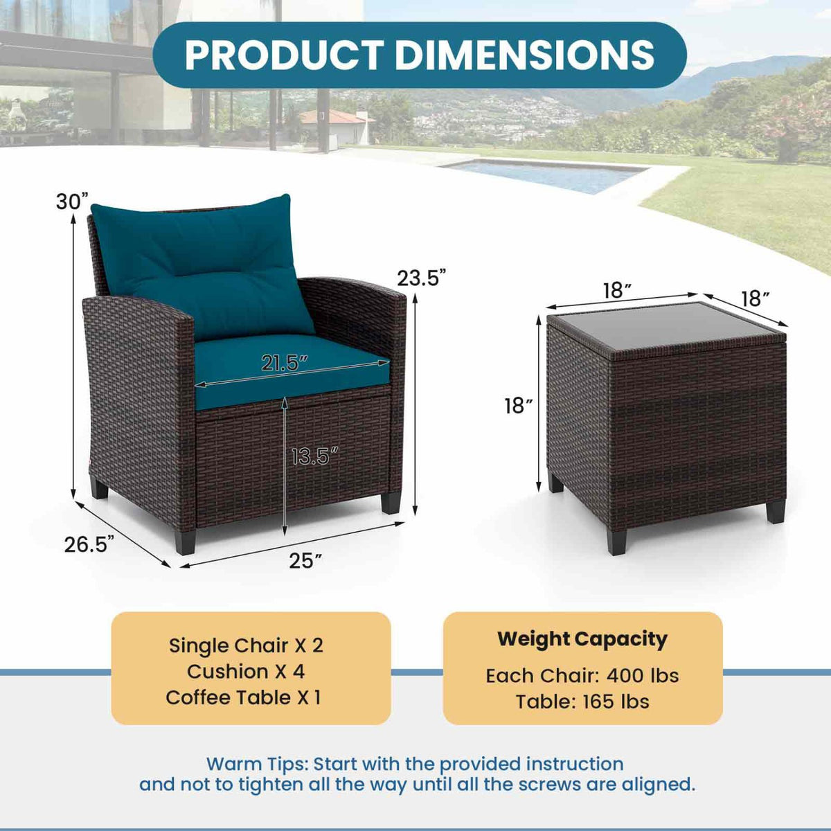 3 Pieces Rattan Patio Furniture Set with Washable Cushion-Peacock Blue view 4